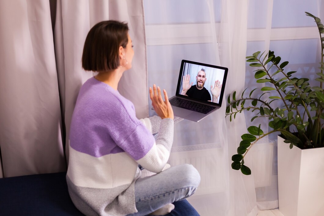 woman home face time video call her friends husband boyfriend chatting online from laptop 343596 4105